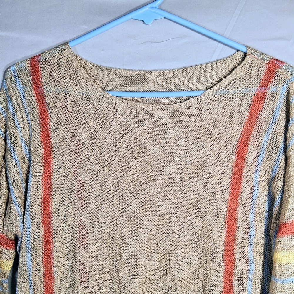 Womens XL Woven Crew 3/4 Sleeve Blue, Yellow, Orange Baggy Sweater - Picture 4 of 8